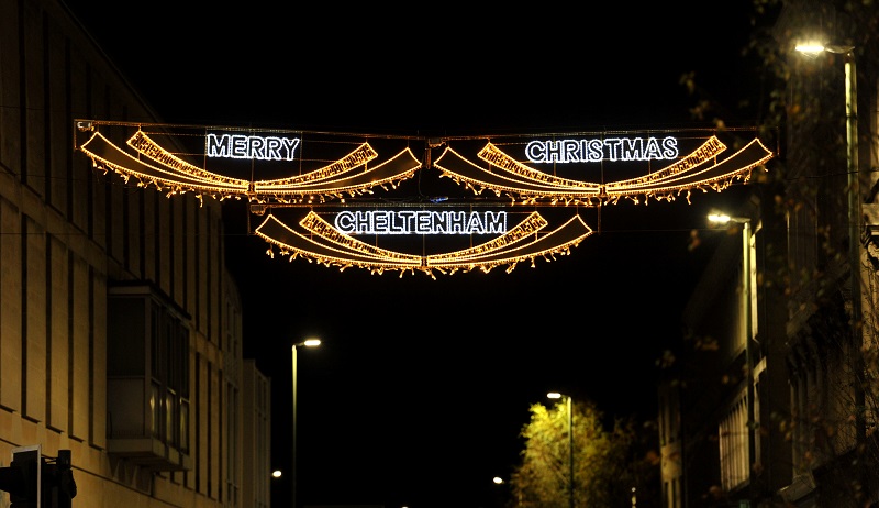 Merry Christmas Cheltenham sign lit up at night.